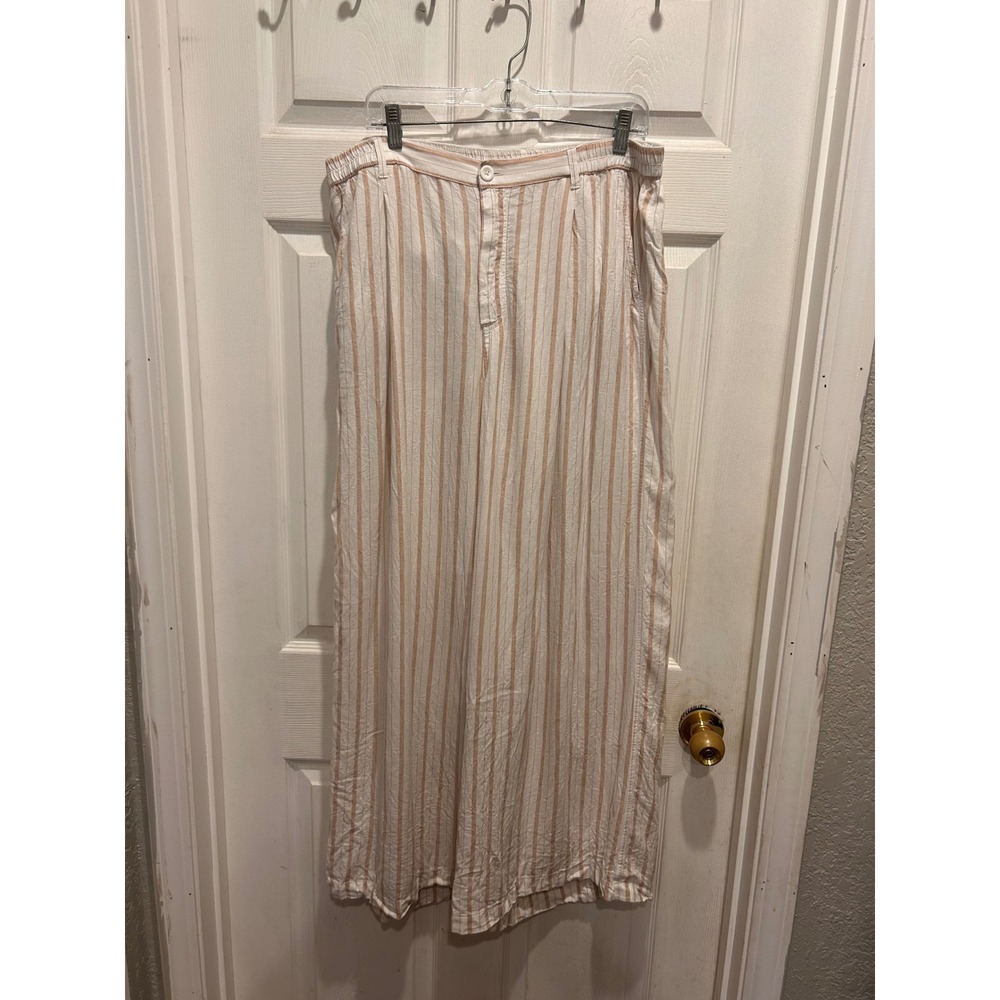Aerie Day Off Pant XL Linen Blend Striped Wide Leg Tan Cream High Rise Coastal